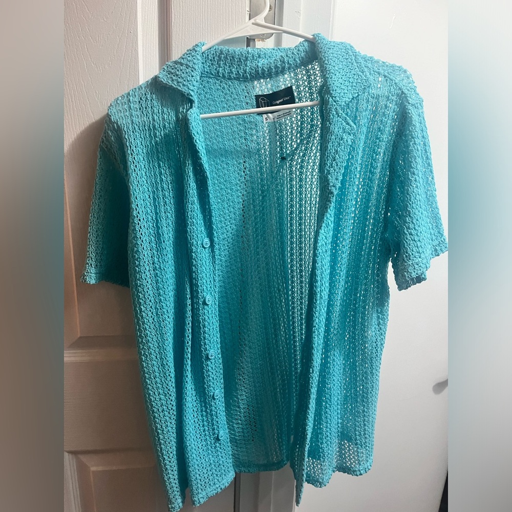 Blue mesh button down